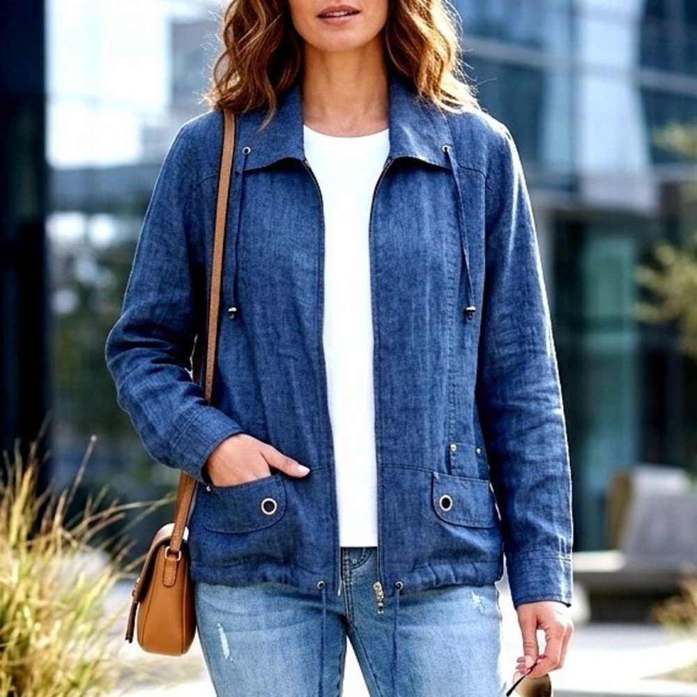 Blue Luxury Preppy Resort Costal Utility Zip Summer Linen Chico's Jacket 2 Large